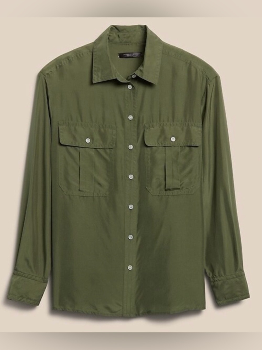 Banana Republic Silk Utility Blouse Olive Green Safari Button-Up Shirt Medium M